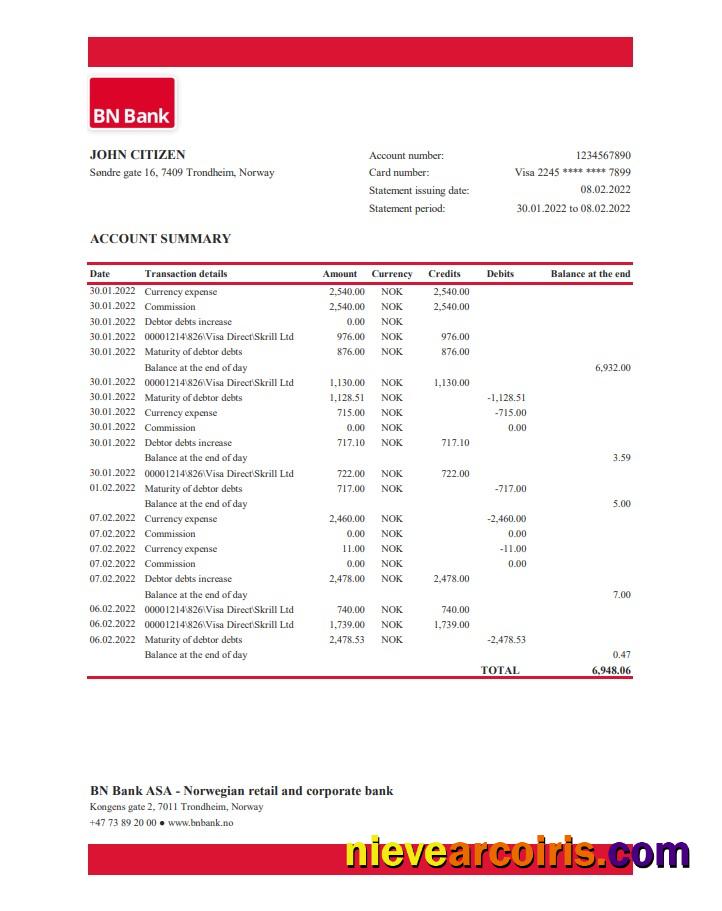 Norway BN Bank statement